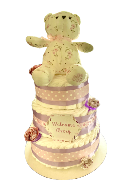 Rosey Posey Bear Baby Girl Diaper Cake - New Baby Gift